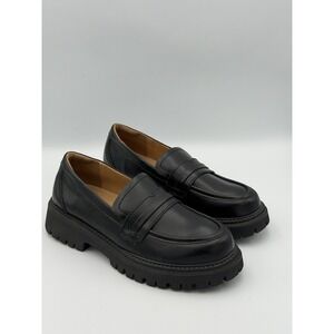 IUY Black Leather Chunky Lug Sole Penny Loafers Platform Work Shoes Women's 10